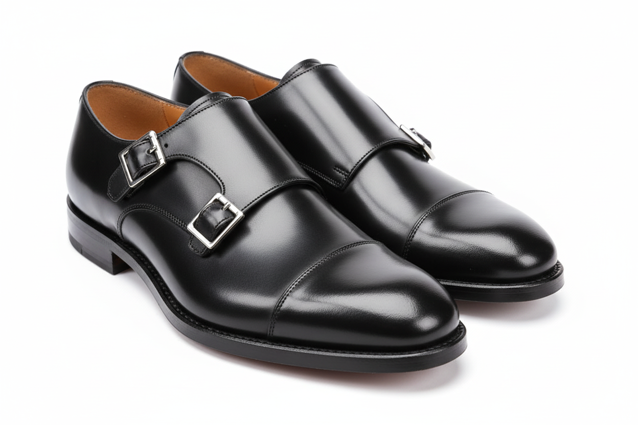 Black calf leather double monk shoes with silver buckles - Handmade in Italy - Nicolas Rota