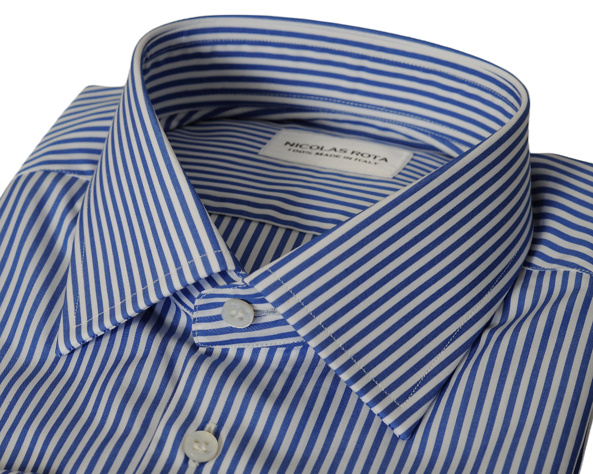 Florence handcrafted white men's shirt with blue stripes in fine soft poplin cotton and Autralian mother of pearl buttons. Handmade in Italy.