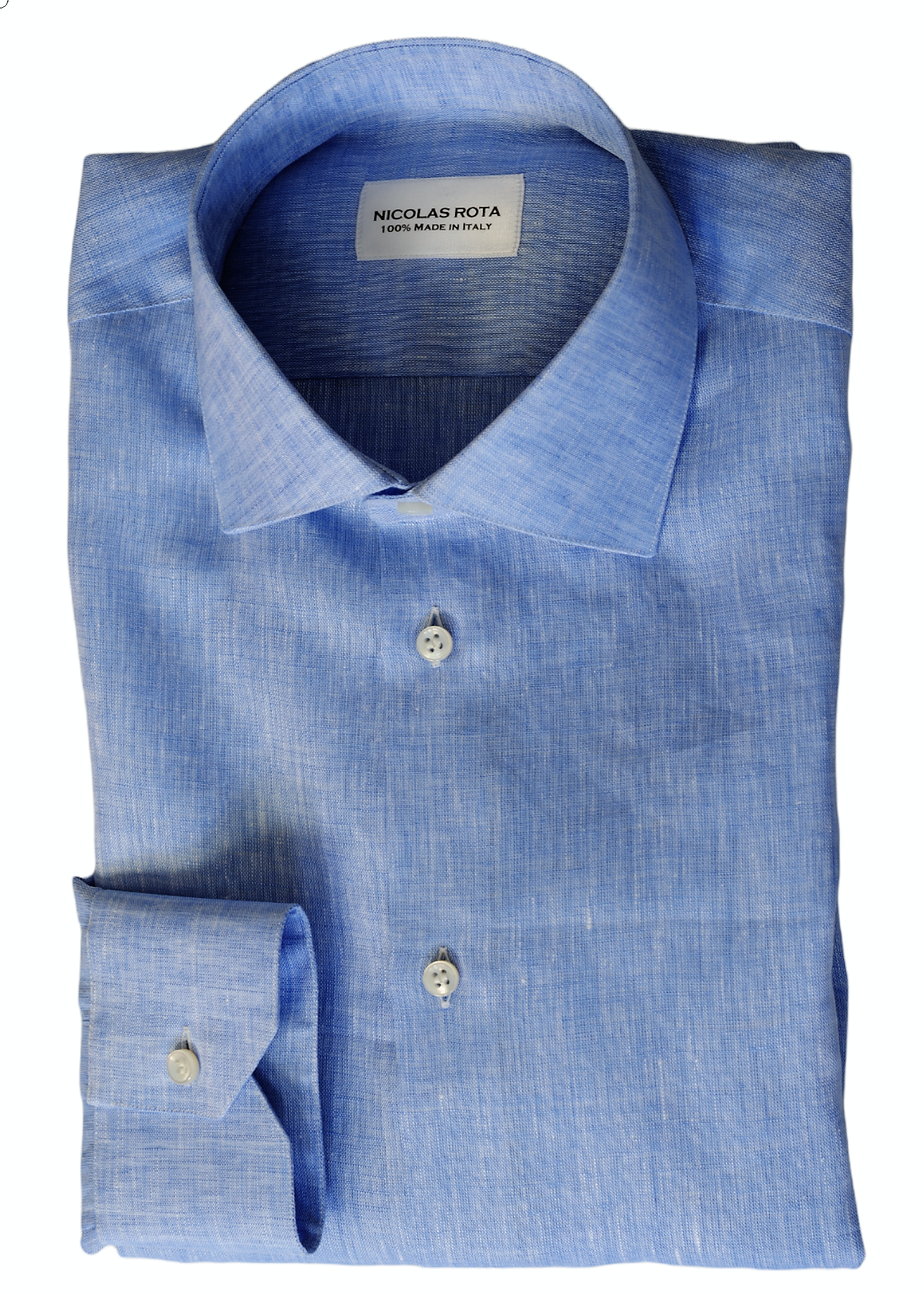 Camicia artigianale da uomo azzurra Lago di Como in pregiato soffice lino e bottoni in madreperla australiana. Fatta a mano in Italia.