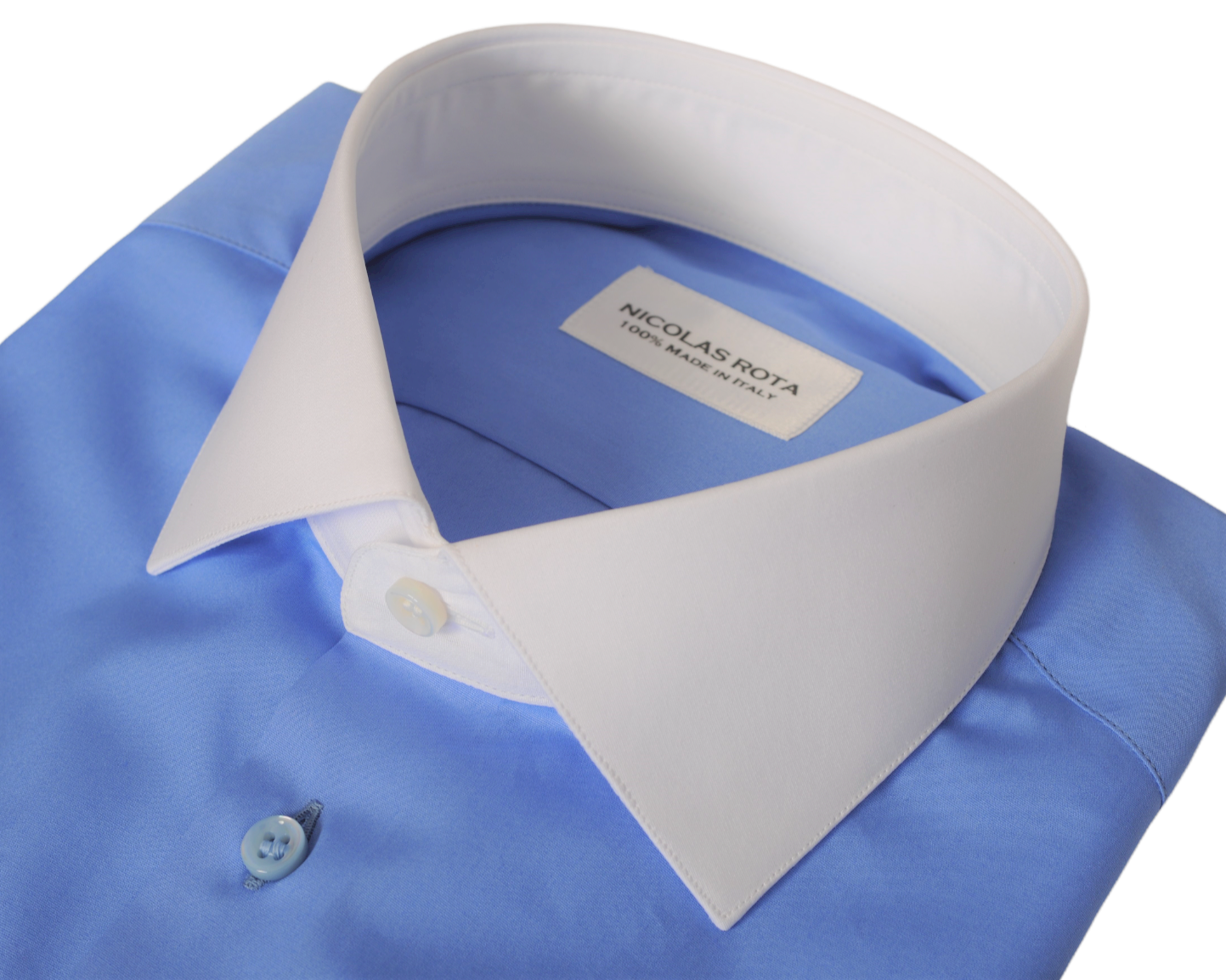 Camicia artigianale da uomo azzurra Portofino con colletto a contrasto in pregiato soffice cotone popeline e bottoni in madreperla australiana. Fatta a mano in Italia.