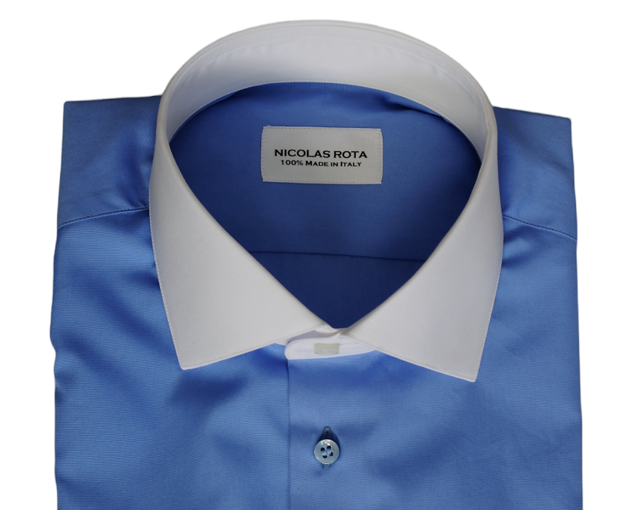 Portofino contrast collar handcrafted blue men's shirt in fine soft poplin cotton and Australian mother of pearl buttons. Handmade in Italy.