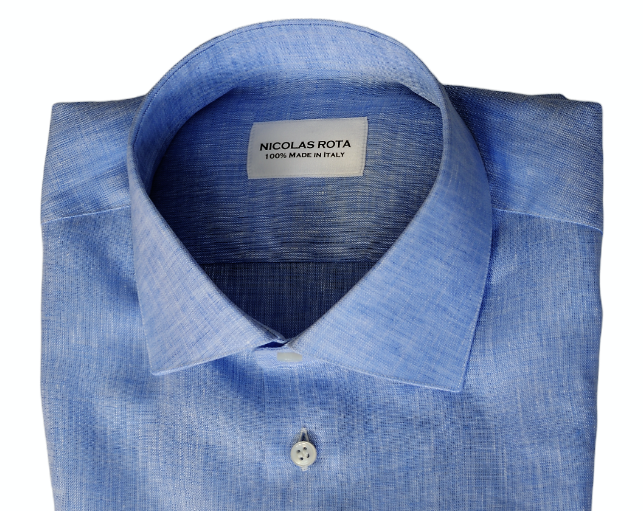 Lake Como handcrafted sky blue men's shirt in fine soft linen and Australian mother of pearl buttons. Handmade in Italy.