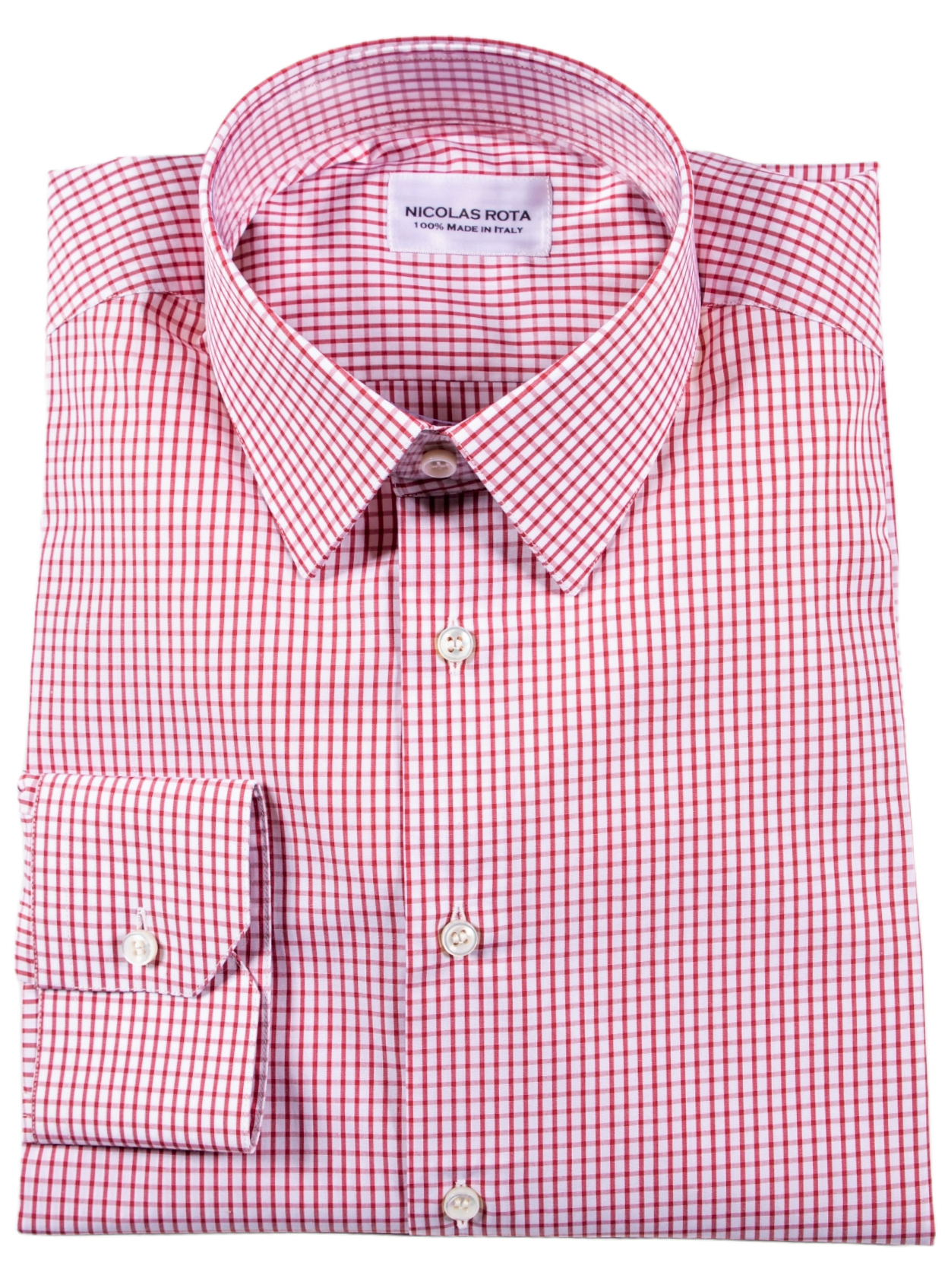 Genoa handcrafted white men's shirt with red checks in fine soft poplin cotton and Autralian mother of pearl buttons. Handmade in Italy.
