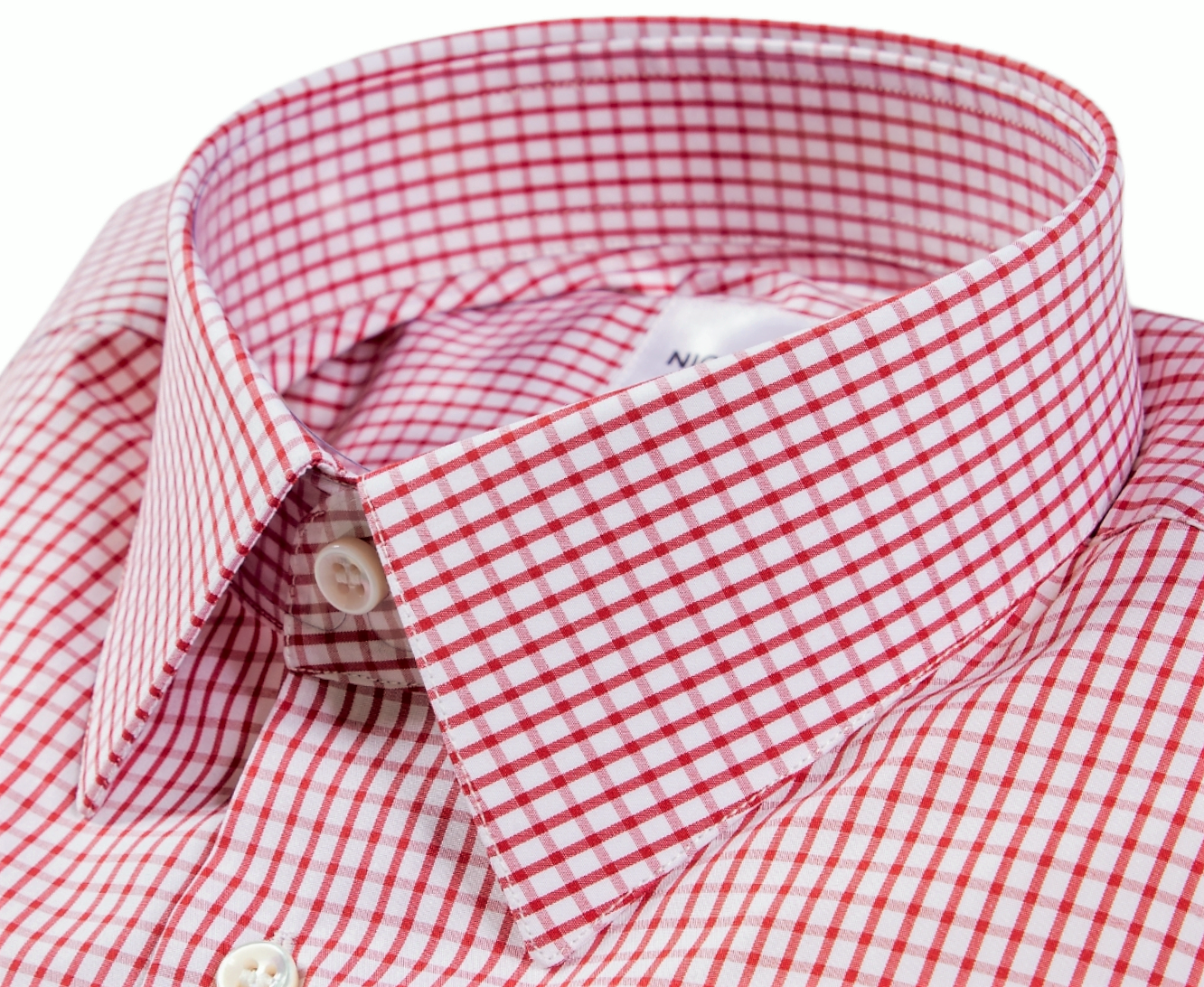 Genoa handcrafted white men's shirt with red checks in fine soft poplin cotton and Autralian mother of pearl buttons. Handmade in Italy.