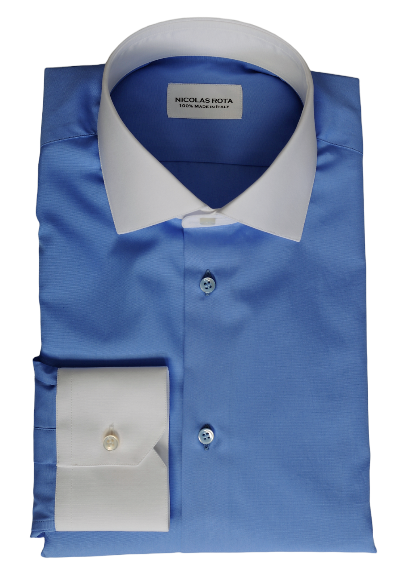 Camicia artigianale da uomo azzurra Portofino con colletto a contrasto in pregiato soffice cotone popeline e bottoni in madreperla australiana. Fatta a mano in Italia.