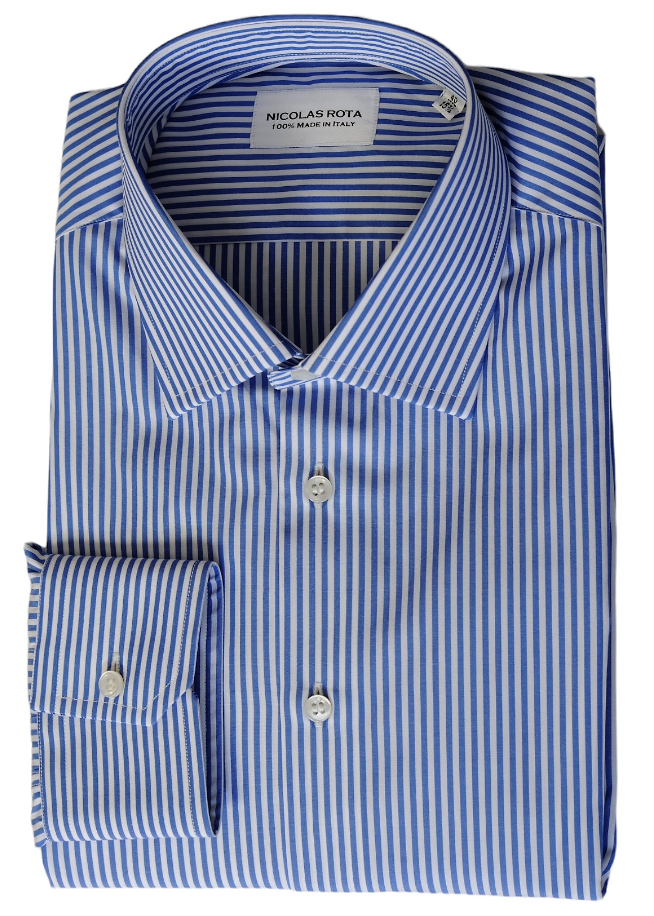Florence handcrafted white men's shirt with blue stripes in fine soft poplin cotton and Autralian mother of pearl buttons. Handmade in Italy.