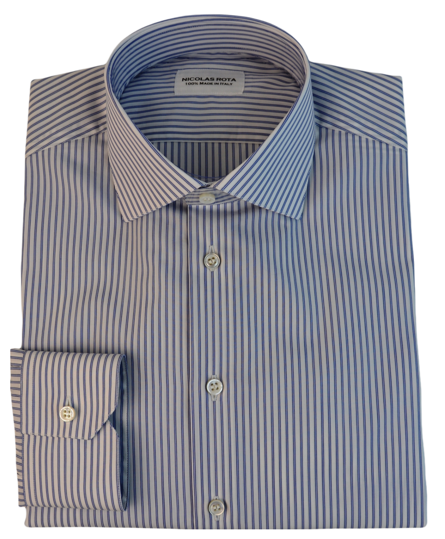 Rome handcrafted white men's shirt with blue stripes in fine soft poplin cotton and Autralian mother of pearl buttons. Handmade in Italy.