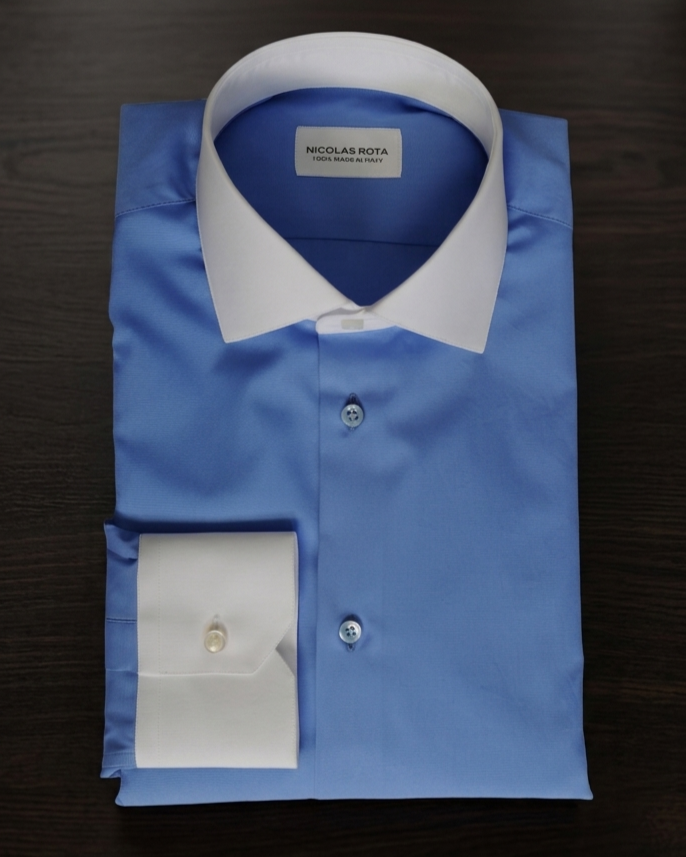 Elegant Men's White and Blue Contrast Collar Shirt in Soft Poplin Canclini - Nicolas Rota