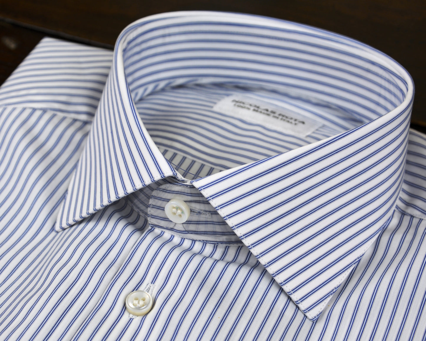 Elegant Men's White and Blue Striped Shirt in Soft Poplin Thomas Mason - Nicolas Rota
