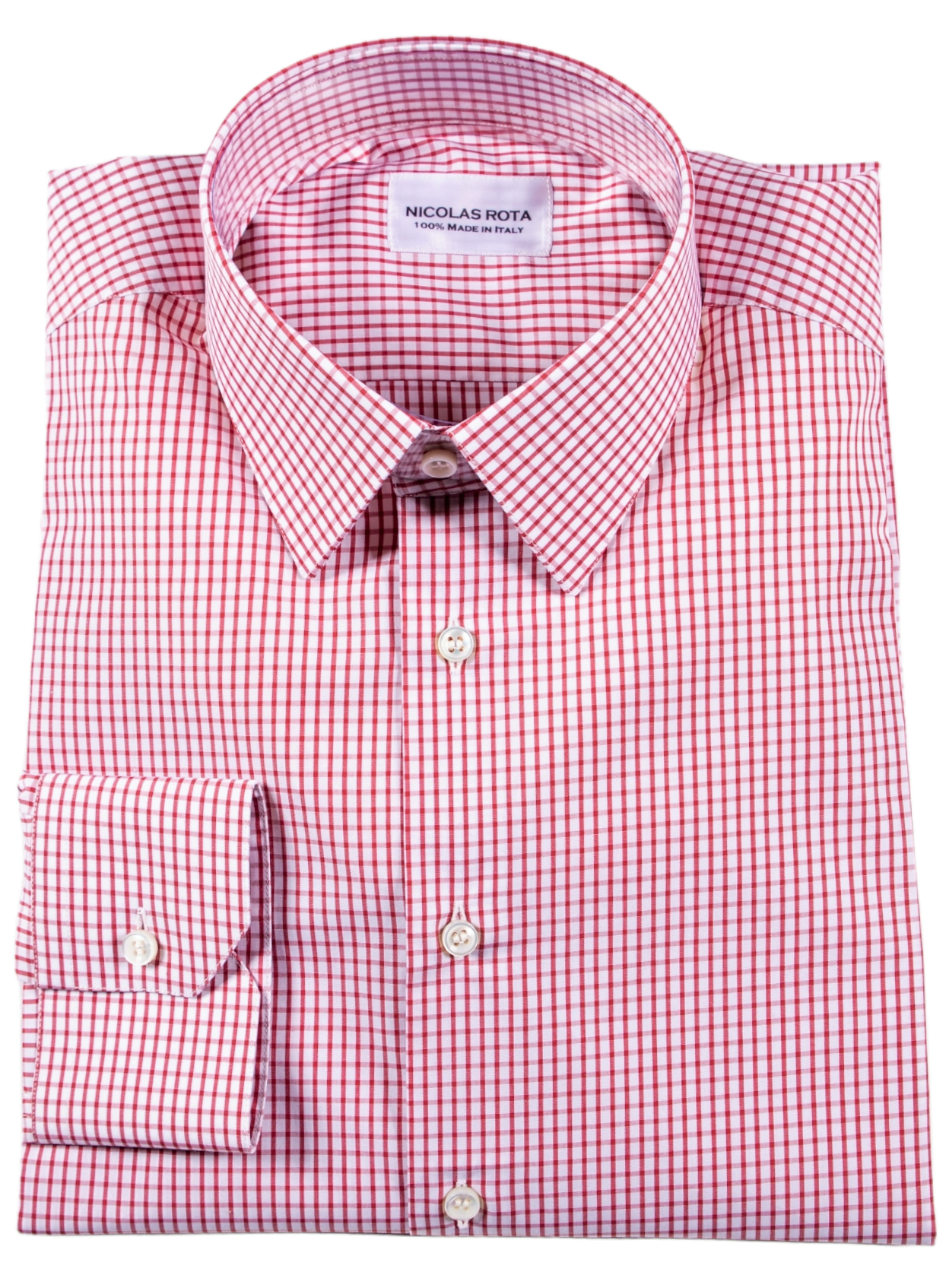 Camicia sartoriale bianca a quadretti Genova, quattro stagioni: collo francese, polsini smussati e bottoni in madreperla australiana. Realizzata interamente in Italia da artigiani esperti con pregiato cotone (popeline) doppio ritorto. White tailored checked shirt Genova, four seasons: French collar, angled cuffs and Australian mother of pearl buttons. Entirely made in Italy by expert craftsmen with fine double twisted cotton (poplin).